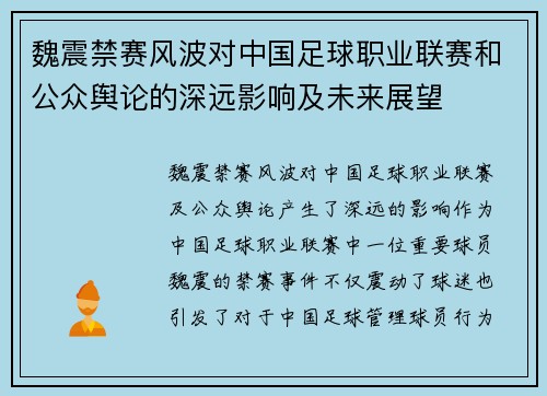 魏震禁赛风波对中国足球职业联赛和公众舆论的深远影响及未来展望