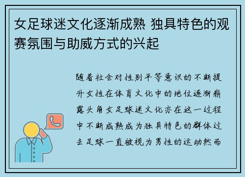 女足球迷文化逐渐成熟 独具特色的观赛氛围与助威方式的兴起